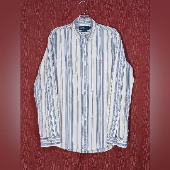Ralph Lauren Custom Fit White Long-Sleeved Button Collared Striped 16 L Vintage